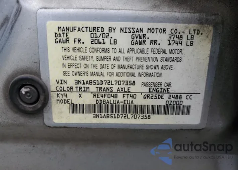 2002 Nissan Sentra Se-R Spec V z USA, uszkodzony, nr VIN 3N1AB51D72L707358